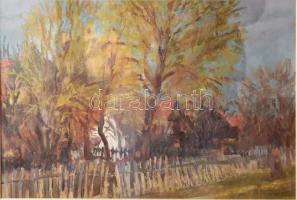 Duray Tibor (1912 - 1988): Falusi házak. Tempera, papír, jjl.: Duray T. 1954. Sérült! 28x40,5 cm, ke...