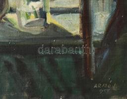 Arató István (1922 - 2010): Bazsarózsa ablakban. Olaj, vászon, jjl.: Arató I. 957. Kissé sérült! 60x...