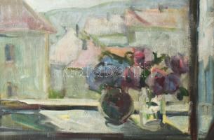 Arató István (1922 - 2010): Bazsarózsa ablakban. Olaj, vászon, jjl.: Arató I. 957. Kissé sérült! 60x...