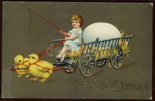 Easter, carriage, chickens litho, Húsvét, szekér, csirkék litho