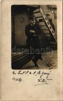 1907 SMS Sankt Georg osztrák-magyar páncélos cirkáló haditengerész tisztje a fedélzeten / K.u.k. Kriegsmarine / Austro-Hungarian Naval officer on deck. photo (EK)