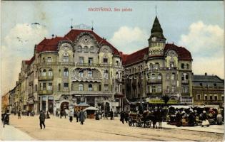 1913 Nagyvárad, Oradea; Fekete Sas palota, nagyszálloda és kávéház, Magyar Bank, üzletek, piac. Boros Jenő kiadása / palace, hotel and café, bank, shops, market (fl)