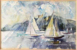 Pleidell János (1915-2007): Tihanyi hajók. Akvarell, papír, jjl.: Pleidell 949. 31x47 cm, keretben, sérült.