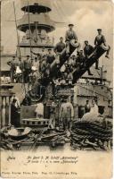 SMS BABENBERG osztrák-magyar haditengerészet Habsburg-osztályú pre-dreadnought csatahajó matrózai a fedélzeti ágyún / K.u.K. Kriegsmarine Linienschiffe / Austro-Hungarian Navy, SMS Babenberg pre-dreadnought battleships mariner on guns. Phot. Atelier Flora, Pola, Dep. G. Costalunga (EK)