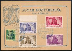1946 Magyar Köztársaság emléklap 4 klf színű Újjáépítés és 1 Kisegítő bélyeggel, alkalmi bélyegzéssel