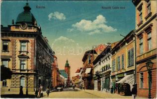 Kassa, Kosice; Kossuth Lajos utca, Bradovka Gyula üzlete. Vasúti levelezőlapárusítás 46. sz. 1916. / street view, shops (fl)