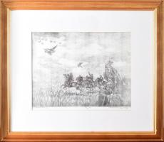 Rádóczy Gyarmathy Gábor (1943-): Solymászat III. Rézkarc, papír, Jjl.: Rádóczy Gyarmathy G. A/E. 33x...