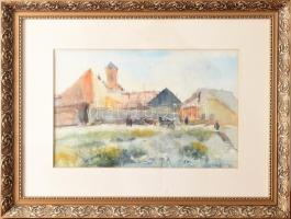 Szalóky Sándor (1921-1978): Falusi utca. akvarell, papír, jjl: Szalóky S 1958. 29x45 cm, keretben, j...