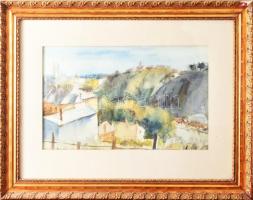 Szalóky Sándor (1921-1978): Háztetők. Akvarell, papír, jjl: Szalóky 1959. 28,5x46 cm, keretben, kere...