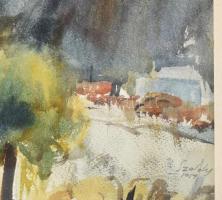 Szalóky Sándor (1921-1978): Háztetők. Akvarell, papír, jjl: Szalóky 1959. 28,5x46 cm, keretben, kere...