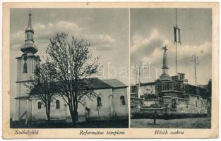 Székelyhíd, Sacueni; Református templom, Országzászló, Hősök szobra, emlékmű / Calvinist church, Hungarian flag, military heroes' monument (fl)