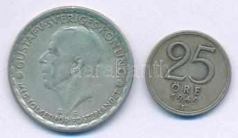 Svédország 1943G 1K Ag V. Gusztáv + 1949. 25ö Ag T:VF patina Sweden 1943G 1 Krona Ag Gustaf V + 1949. 25 Öre Ag C:VF patina Krause KM#814, KM#816