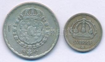 Svédország 1943G 1K Ag "V. Gusztáv" + 1949. 25ö Ag T:VF patina Sweden 1943G 1 Krona Ag &qu...