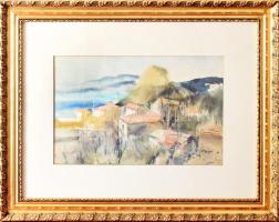 Szalóky Sándor (1921-1978): Mediterrán öböl. Akvarell, papír, jjl: Szalóky 1959. 27x42,5 cm, keretbe...