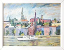 Kristófi Enikő (1960-): Budai part. Olaj, karton, jjl: Kristófi E. 36x50 cm, keretben, jó állapotban.