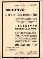 1929 Kolozsvár, Cluj; Kolozsvár visszavár! Meghívó Az Erdélyi Férfiak Egyesületének kolozsvári nemze...
