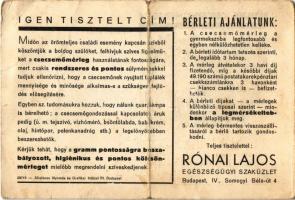 Béreljen csecsemőmérleget! Rónai Lajos egészségügyi szaküzlet reklámja. Budapest, Somogyi Béla út 4....