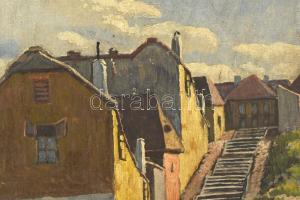 Szentmiklósy (?) jelzéssel: Tabán, Kőműves lépcső. Olaj, vászon. Kissé sérült fakeretben. 50x40 cm