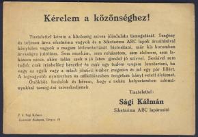 cca 1920 Siketnéma ABC-lap, az árus kérelmével