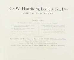 cca 1907 R. & W. Hawthorn Leslie & Co. Ltd. Newcastle-Upon-Tyne. Newcastle-Upon-Tyne,én.,Mawson Swan & Morgan Ltd.,2+98 p. Angol nyelven. Rendkívül izgalmas fekete-fehér képanyaggal illusztrált. R. & W. Hawthorn Leslie & Co. egy brit hajó és lokomotív építő vállalat (1886-1993) prospektusa. Kiadói haránt-alakú papírkötés, foltos borítóval, sérült gerinccel, néhány bélyegzéssel.