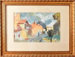 Tamás Ervin (1922-1996): Utcarészlet. akvarell, papír, jjl.: Tamás E. 28,5x43 cm, keretben, üvegezet...