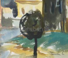 Tamás Ervin (1922-1996): Utcarészlet. akvarell, papír, jjl.: Tamás E. 28,5x43 cm, keretben, üvegezet...