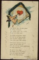 1899 Kupidó céltáblával, Heinrich Heine verse litho s: G. Graf, 1899 Cupid with dartboard, Heinrich Heine poem litho s: G. Graf
