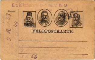 Első világháborús tábori postai levelezőlap a Központi Hatalmak uralkodóival: V. Mehmed, I. Ferdinánd, II. Vilmos, I. Ferenc József / WWI Austro-Hungarian K.u.K. military field postcard, Viribus Unitis and Central Powers propaganda: Mehmed V, Ferdinand I of Bulgaria, Wilhelm II, Franz Joseph I of Austria. Feldpostkarte + "K.u.k. Infanterie-Regt. Dankl Nr. 53. III. Kompagnie" (szakadás / tear)