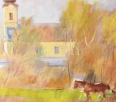 Kristófi János (1925): A kápolnai templom. tempera, karton, jjl.: Kristófi. 49,5x70 cm, keretben, jó...