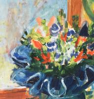 Benkőné Kovács Márta (1954): Sárga abrosz. olaj, farost, jjl.: BKm. 70x50 cm, keretben, jó állapotú