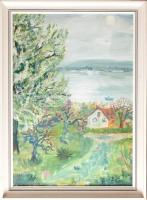 Benkőné Kovács Márta (1954): Esteledik (cseresznyefa a Balaton partján). olaj, vászon, jjl.: BKm. 70x50 cm, keretben, jó állapotú.