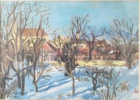 Duray Tibor (1912 - 1988): Falurészlet. tempera, papír, jjl.: Duray T. 1954. 29x40 cm, keretben, üvegezett, jó állapotú.