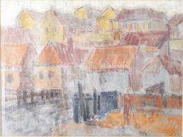 Miháltz Pál (1899-1988): Szentendrei házak. pasztell, papír, Jjl.: Miháltz Pál 959. 46x60 cm, keretben, üvegezett, kis sérüléssel.