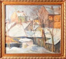 Gádor Emil (1911-1998): Téli házak. Olaj, vászon, jelezve balra lent, 50x60 cm, keretben, üvegezett, jó állapotú.