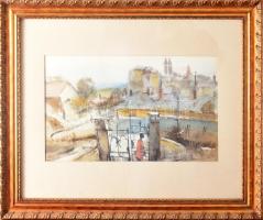 Szalóky Sándor (1921-1978): Piros ruhás nő kapuban. Akvarell, papír. Jjl.: Szalóky S. 1959. 29x45,5 ...