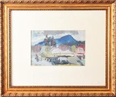 Bényi László (1909-2004): Ökrös szekér. Tempera, papír, jbl.: Bényi László 59. 18,5x28 cm, keretben,...