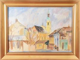 Kristófi János (1925): Városkép templommal. Olaj, farost, Jjl.: Kristófi. 27x50 cm, keretben, kis sérüléssel.