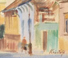 Kristófi János (1925): Városkép templommal. Olaj, farost, Jjl.: Kristófi. 27x50 cm, keretben, kis sé...