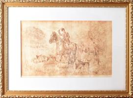 Rádóczy Gyarmathy Gábor (1943-): Vadászlovaglás. Rézkarc, papír. Jjl.: Rádóczy Gyarmathy G. A/E. 33x...