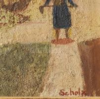 Scholtz Erik (1926-1995): Falurészlet. olaj, farost, jjl: Scholtz. 70x90 cm, keretezett, keret sérül...