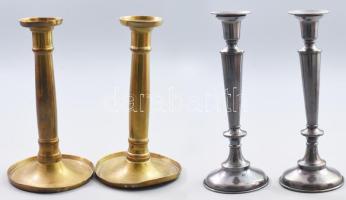 2 pár gyertyatartó: bronz, ezüstözött fém, bronzon kis deformálódással, m: 21-23 cm