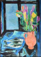 Bartha László (1902-1958): Halas csendélet. Olaj, karton, jjl: Bartha László 1958. 70x50 cm, keretez...