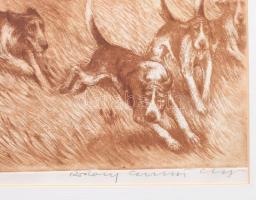 Rádóczy Gyarmathy Gábor (1943-): Vadászlovaglás. Rézkarc, papír, jjl.: Rádóczy Gyarmathy Gábor; jk.:...