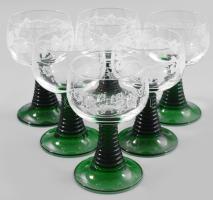 Römer pohár garnitúra. 6 darab, színezett talpazattal, szőlőlevél mintával, hibátlan, m: 11,5 cm