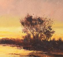 Bán Tibor (1963-): Naplemente folyónál. Olaj, vászon, jjl.: Bán Tibor. 29x89 cm, keretezett, jó álla...