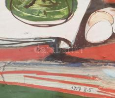 Ismeretlen magyar festő: Halas csendélet. Gouache, papír, jelzés nélkül; jjl.: 1957.II.5. 33x22,5 cm...