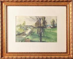 "Ki" jelzéssel: Patakpart. Akvarell, papír, jjl.: Ki. 22x34,5 cm, keretezett, üvegezett, j...