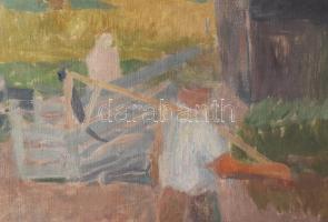 Jakuba János (1909-1974): Kaszáló. Olaj, vászon, jjl.: Jakuba. 60x80 cm. Dekoratív, sérült fakeretbe...