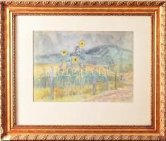 Miháltz Pál (1899-1988): Napraforgó. Akvarell, papír, jjl.: Miháltz Pál 955. 25x36 cm, keretezett, ü...