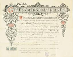 1916 Losonci születésű személy gépészmérnöki diplomájának egykorú másolata, Bp., M. Kir József Műegyetem, hajtott, 3 db 1 K bélyeggel.